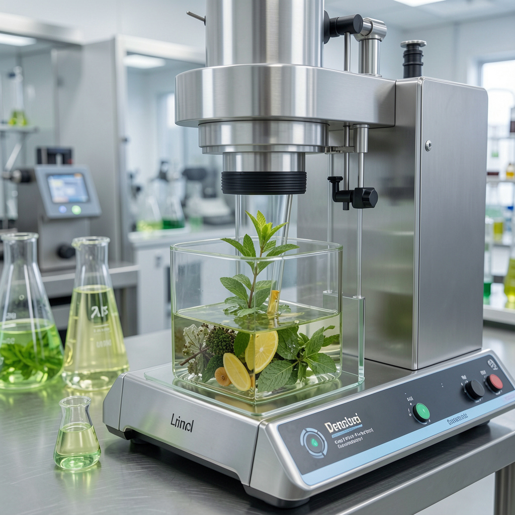 Modern laboratory equipment extracting pure botanical compounds using advanced cold-press technology