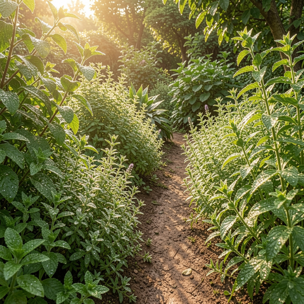 Organic botanical garden with medicinal herbs growing naturally under sunlight