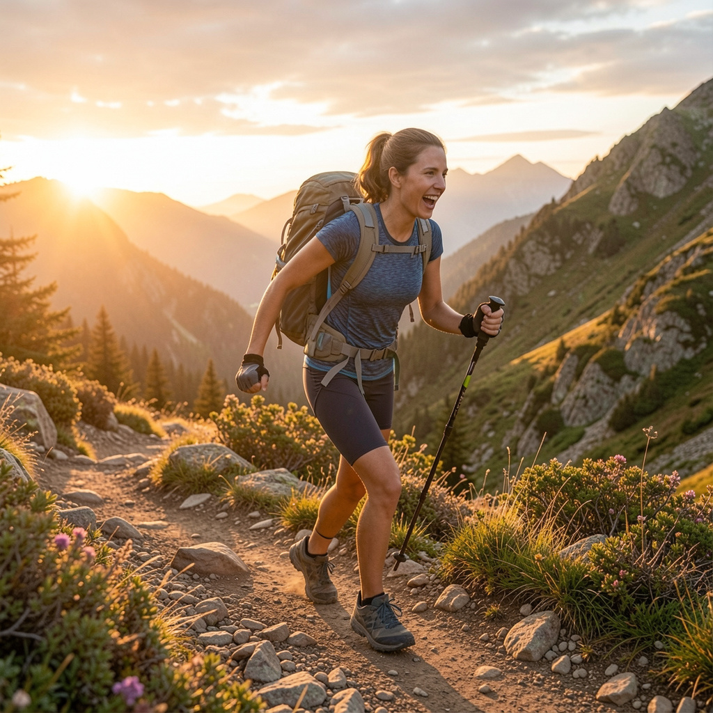 Energetic person hiking mountain trail at sunrise, embodying vitality and wellness